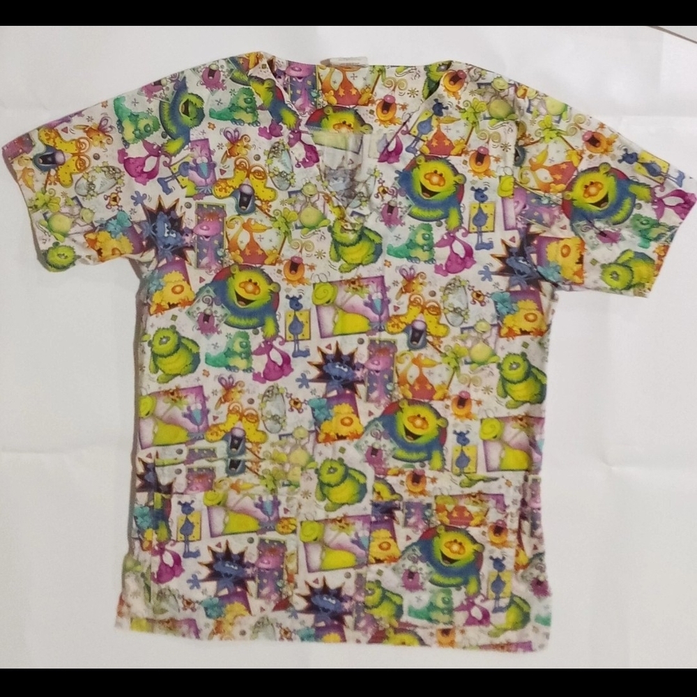 Scrub Top Monster Alien Cartoon Print Women's Scrubs